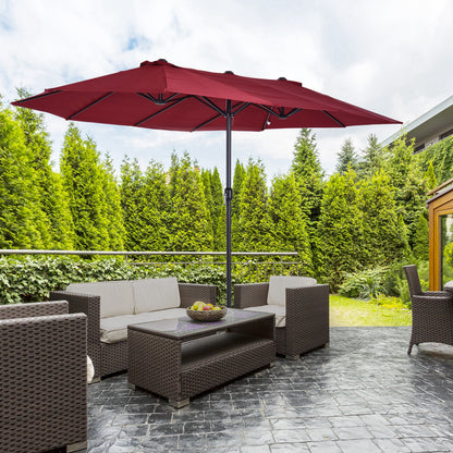 15ft Wine Red Double-Sided Umbrella with Twin Canopy & Crank