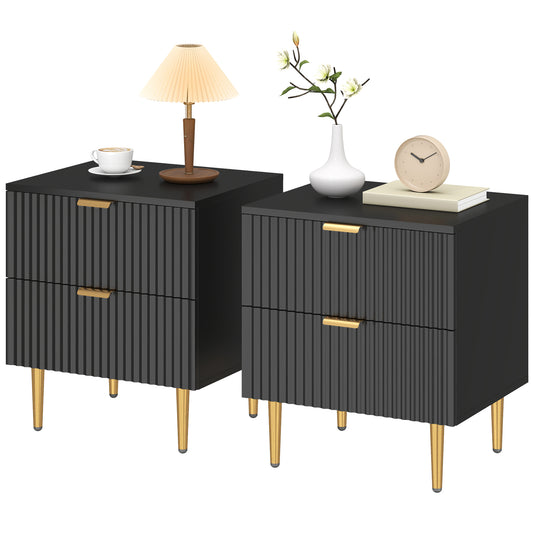 Nightstand Set of 2 with 2 Drawers and Metal Legs - Black