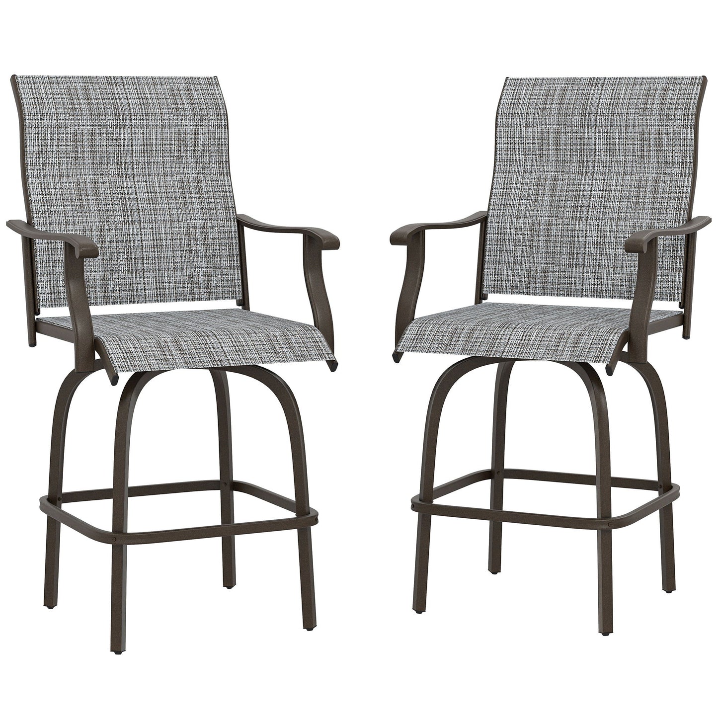 Outdoor Bar Stools Set of 2, Swivel Bar Height Chairs with High Back, Curved Armrests and Steel Frame, Mixed Grey