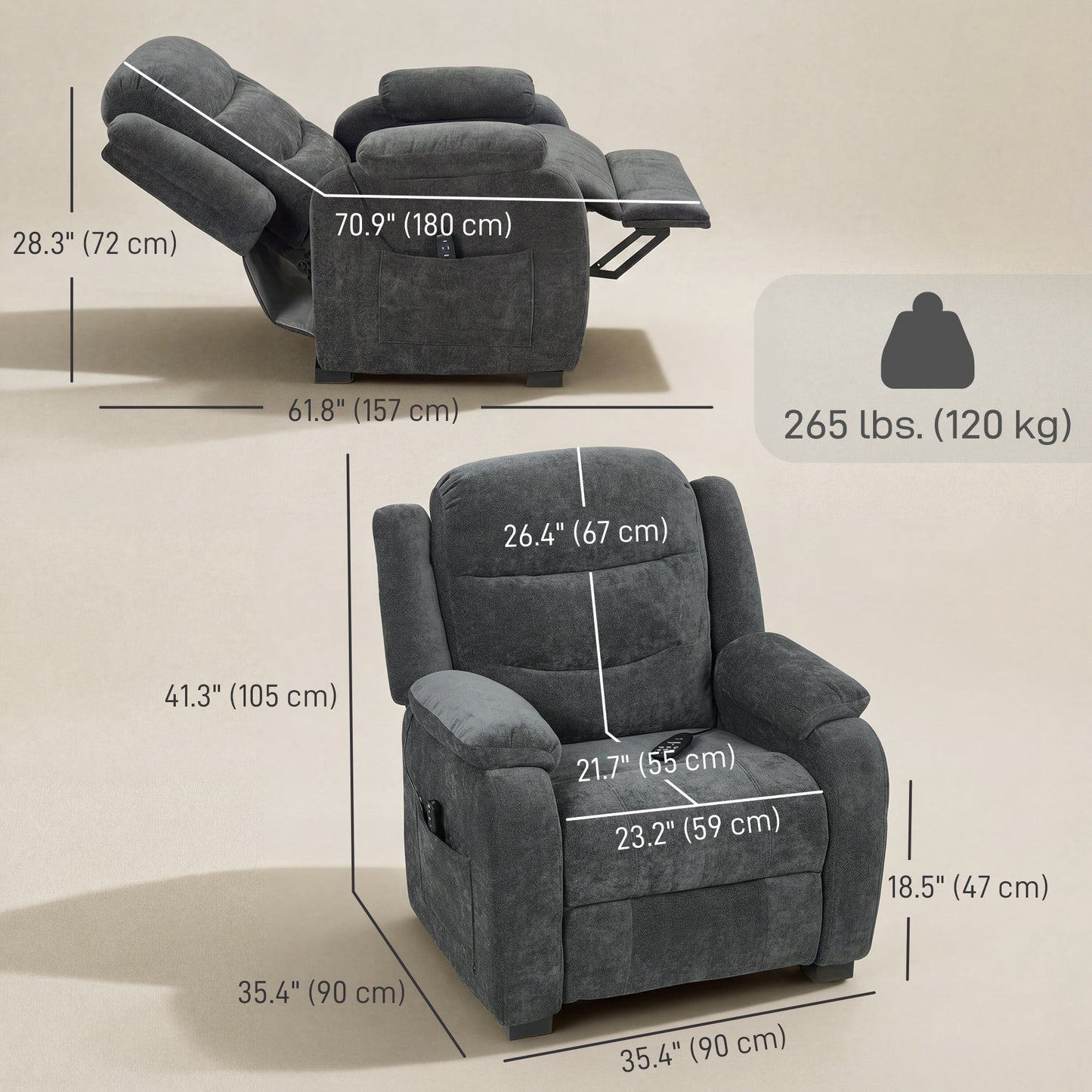 Power Massage Recliner with 2 Memory Positions - Dark Grey
