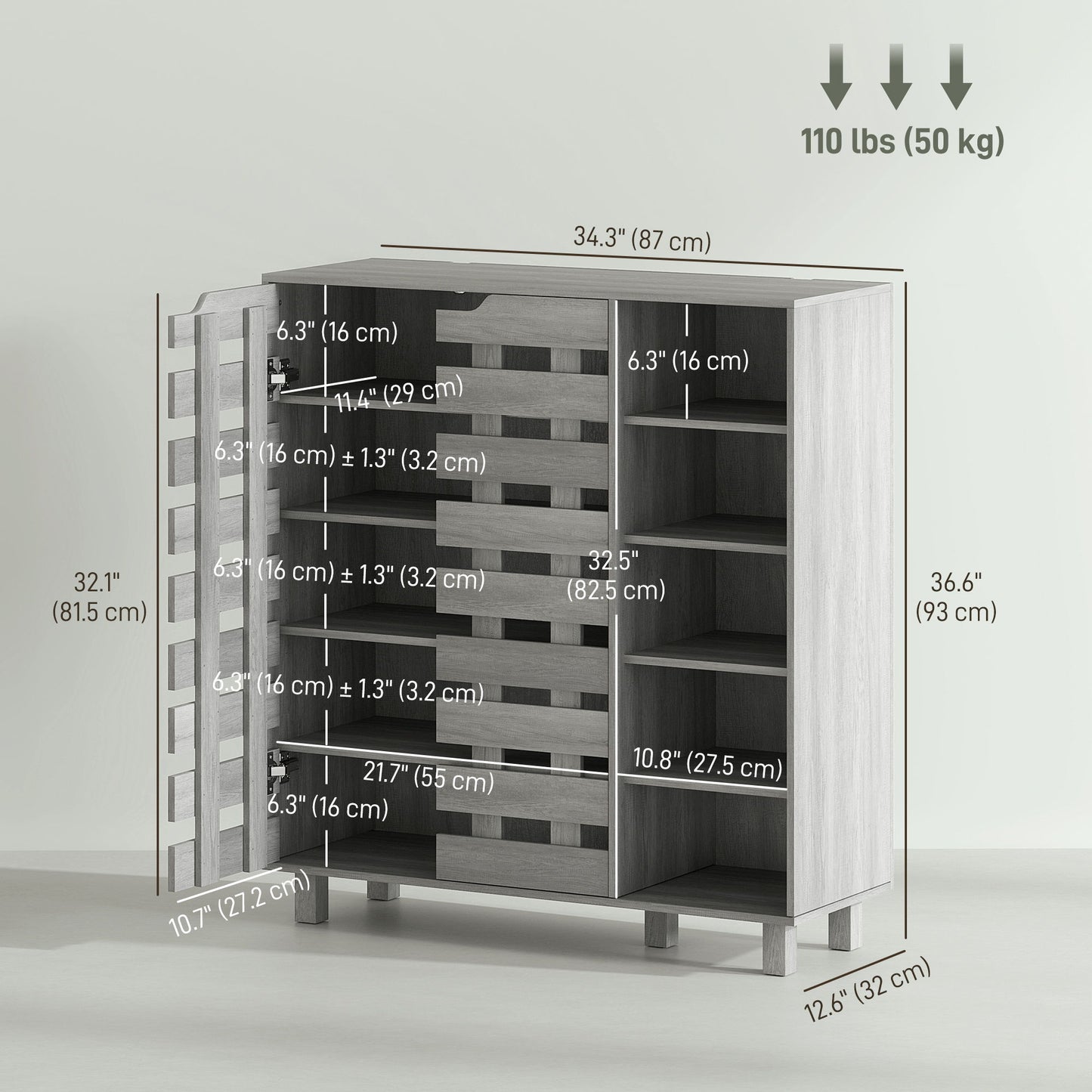 Shoe Cabinet, 21 Pair Shoe Storage Cabinet Organizer with 5-tier Double Door Cabinet and 5-tier Open Shelves, Light Grey
