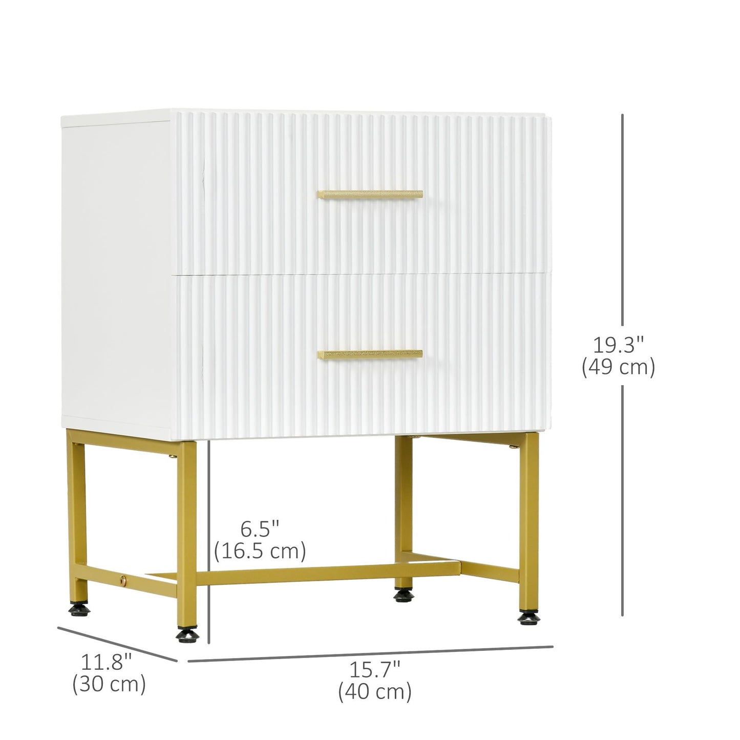 Set of 2 Nightstands with Fluted Drawers and Gold Legs - White