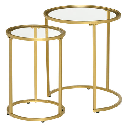 Set of 2 Round Nesting Coffee Tables with Glass Top - Gold