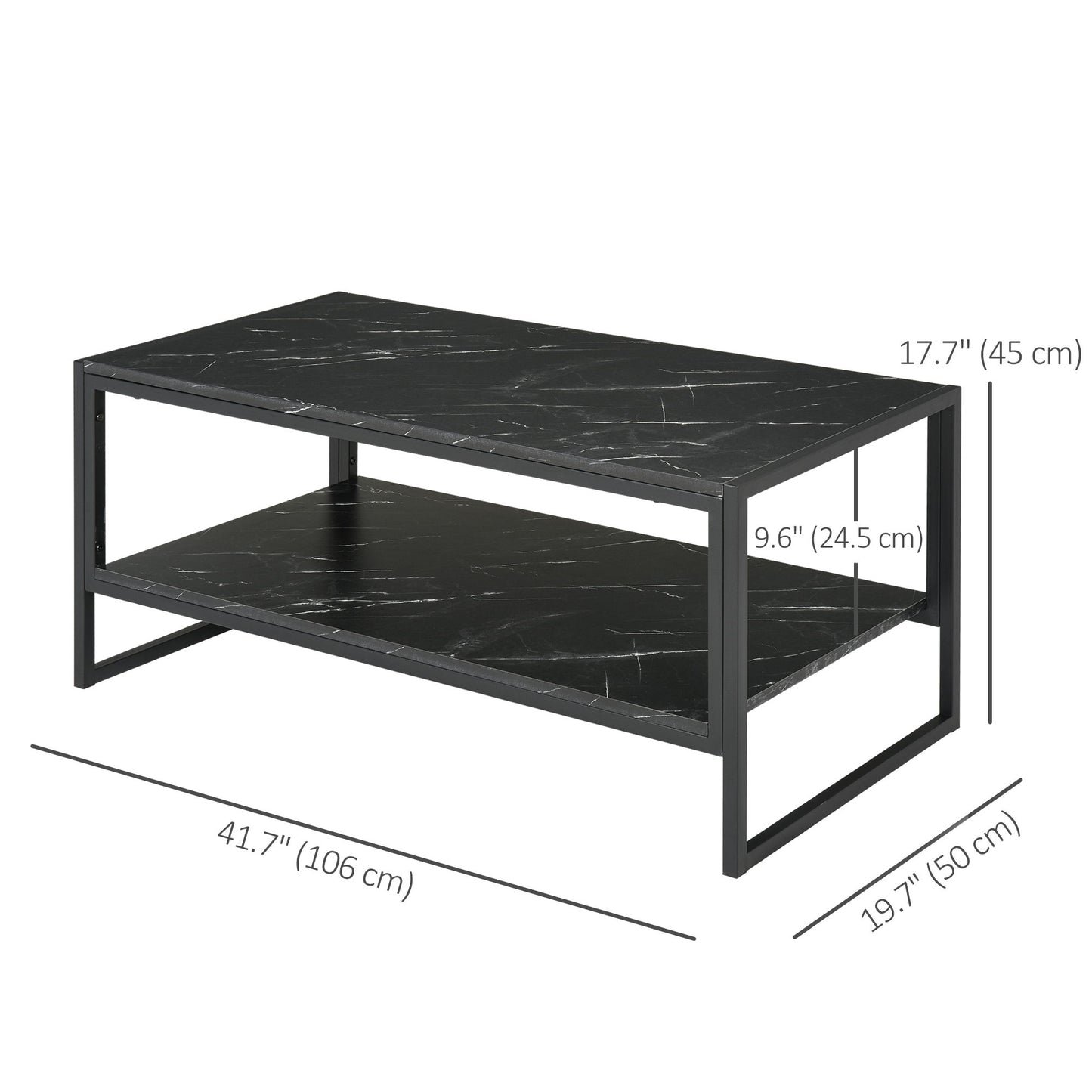 2-Tier Coffee Table with Storage Shelf, Cocktail Table with Marble Textured Table Top, for Living Room Bedroom Dorm, Black