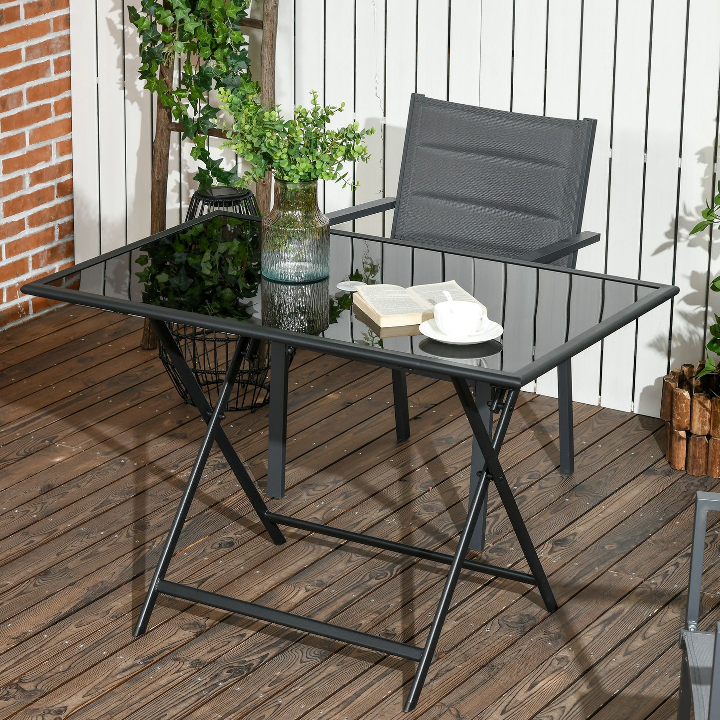 Foldable Outdoor Dining Table with Umbrella Hole, Patio Table for 6 with Glass Top Table, Metal Frame for Garden Lawn Backyard, Black