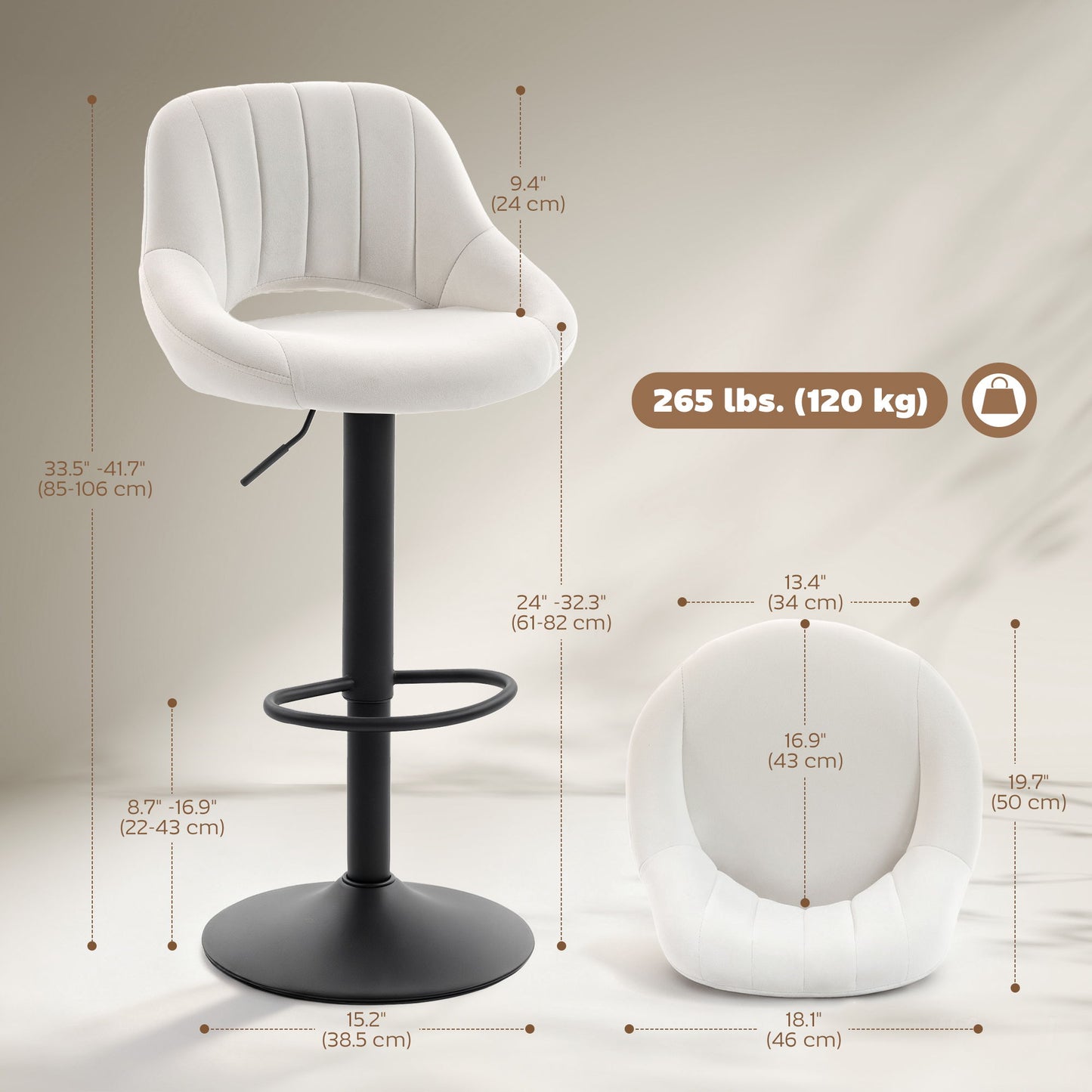 Bar Stools Set of 2, Swivel Counter Height Barstools with Adjustable Height and Cutout Back, Velvet Upholstered Bar Chairs with Round Metal Base and Footrest, Cream
