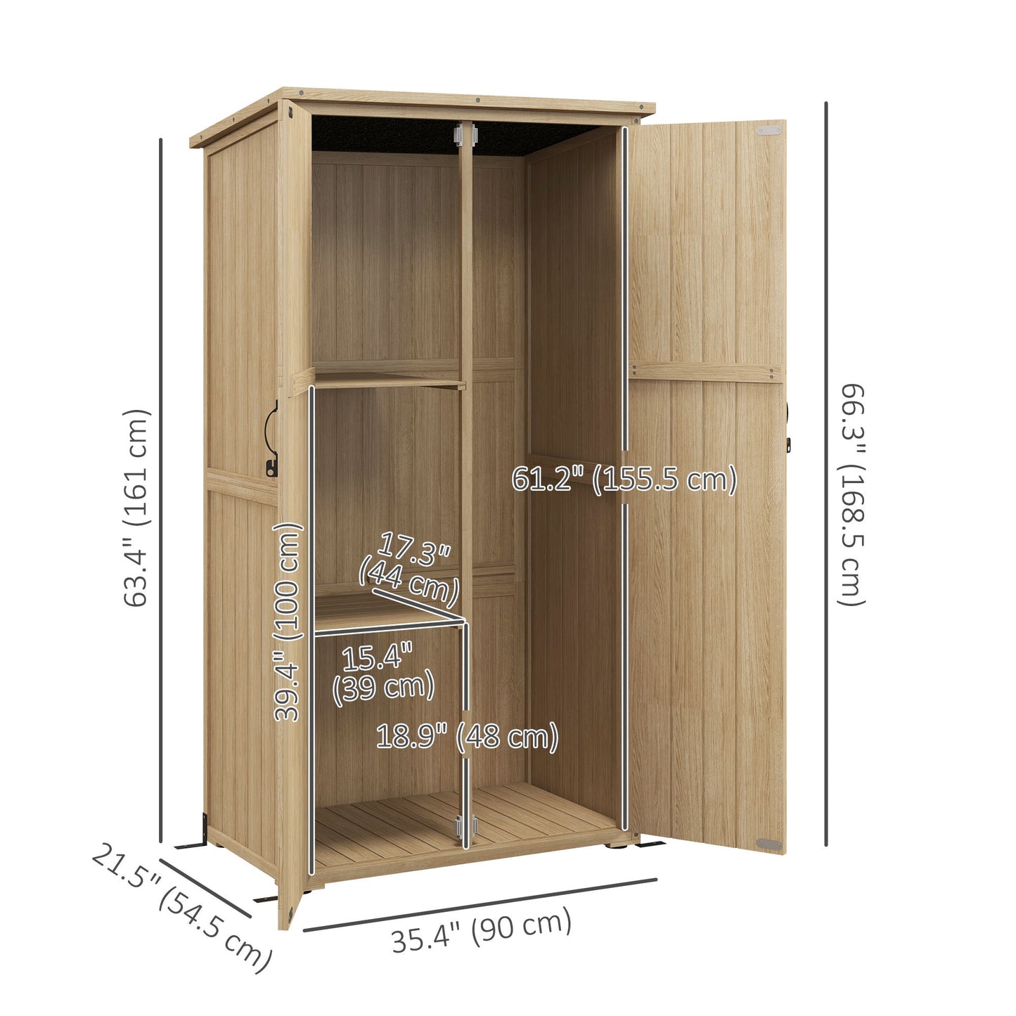 Wooden Outdoor Storage Cabinet Garden Shed with Waterproof Asphalt Roof and Lockable Doors, Natural