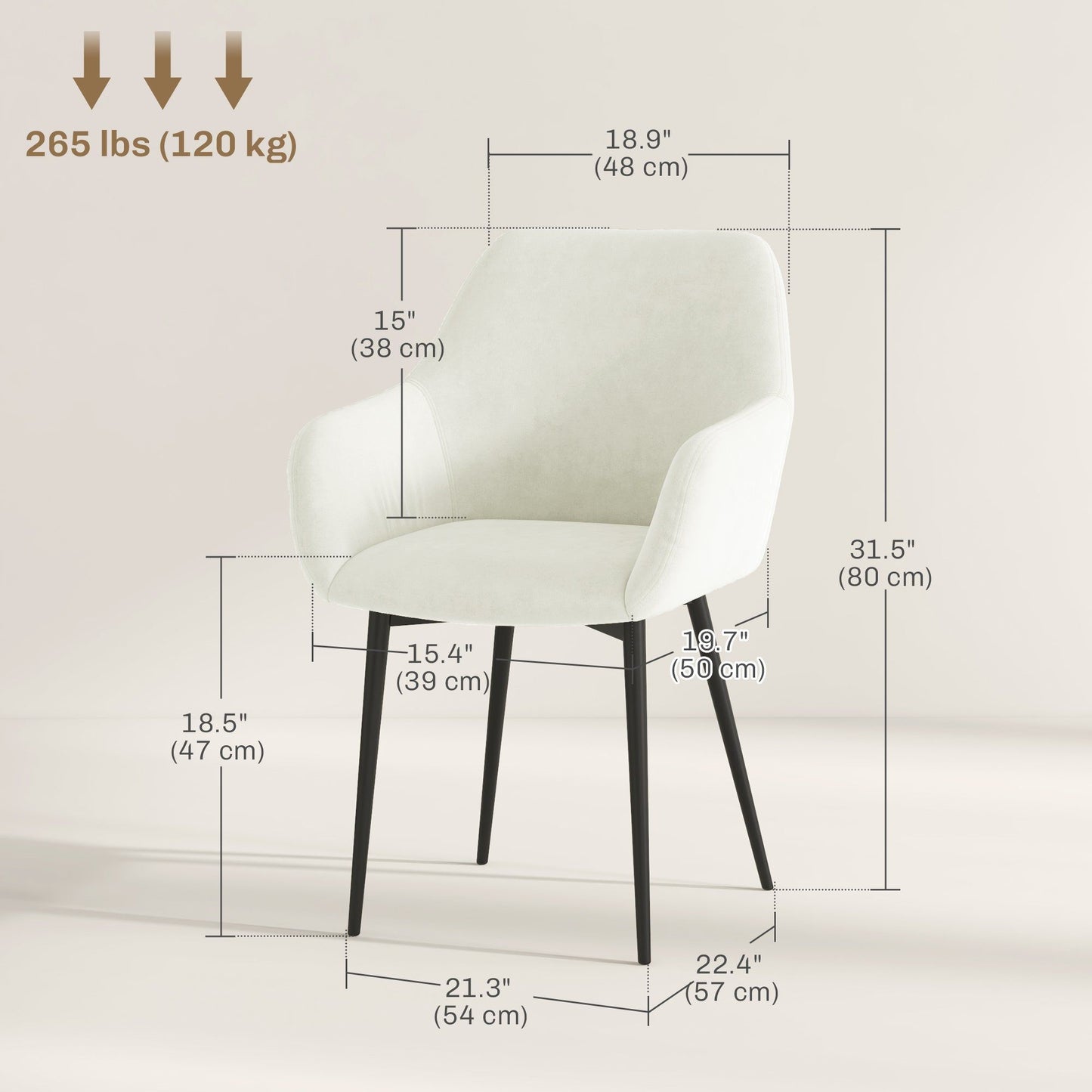 Velvet Dining Chairs Set of 2 with Armrests - Cream White