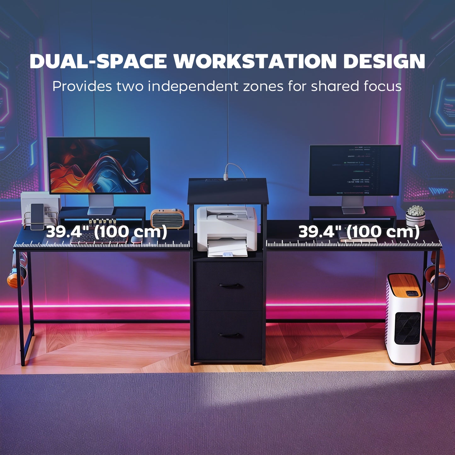 96 Inch Gaming Desk, Dual Computer Desk for 2 Person with Power Outlets and Monitor Stands, Black
