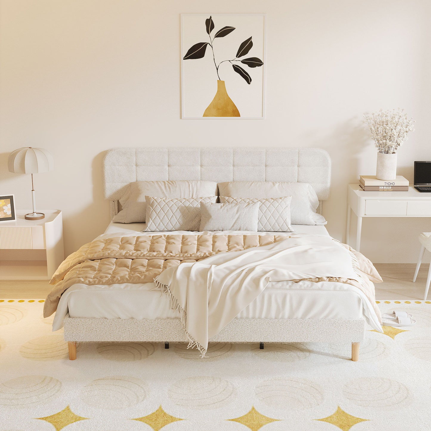 Queen Size Bed Frame with Adjustable Headboard Upholstered Platform Bed Frame with Wood Slat Support Noise Free White