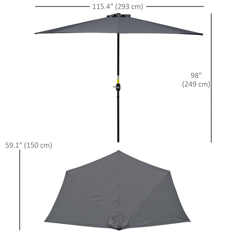 9.8ft Grey Half Round Parasol with Crank Handle & Top Vent