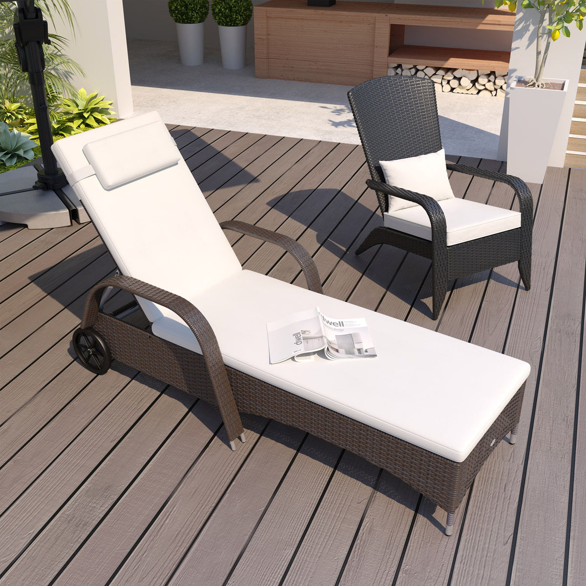 Wicker Chaise Lounge, Outdoor Lounge Chair, PE Rattan Patio Sun lounger with Head-rest, 5-Level Height Adjust Backrest, Cushion & Wheels, Mixed Brown and Cream White
