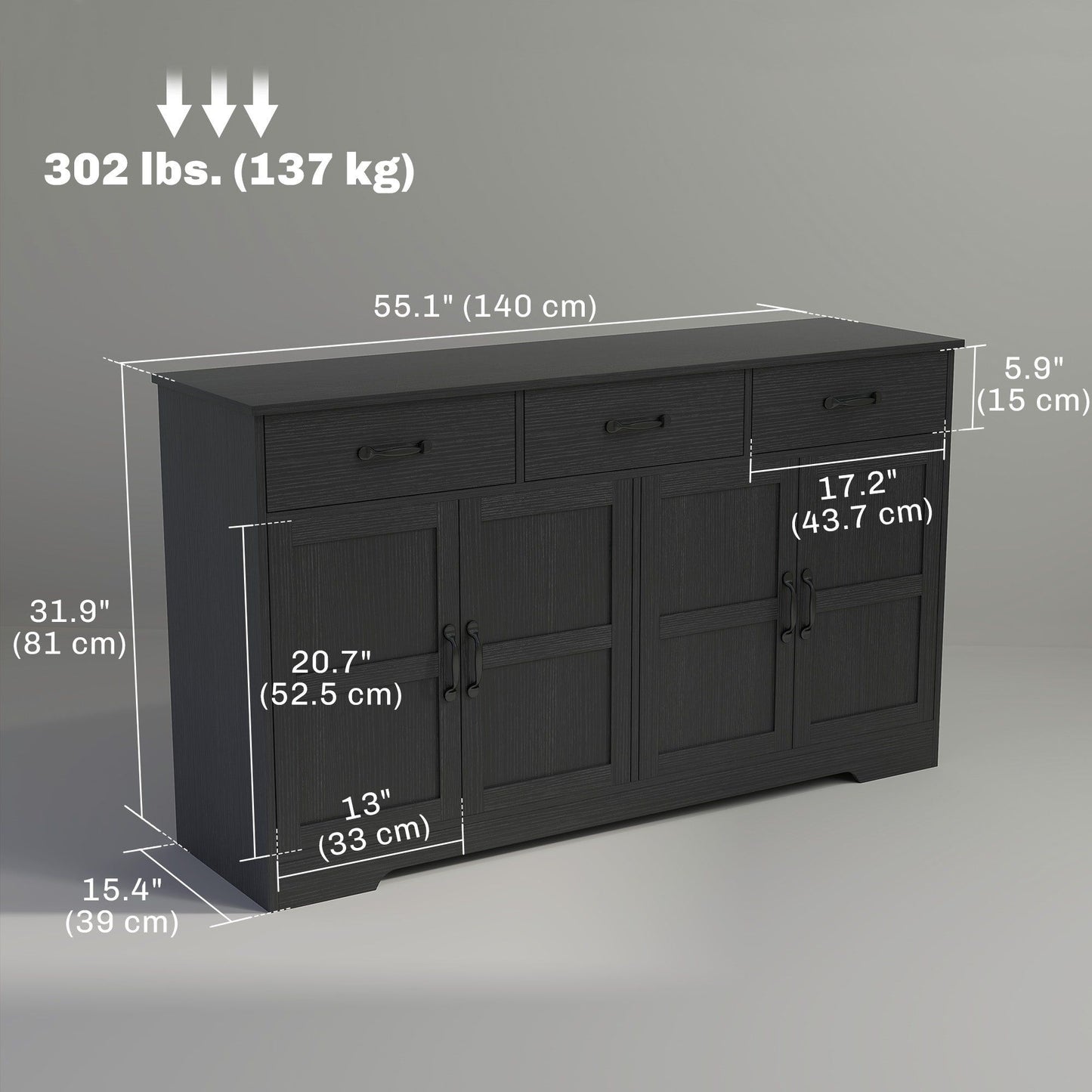 Sideboard Buffet Cabinet with 3 Drawers - Distressed Black