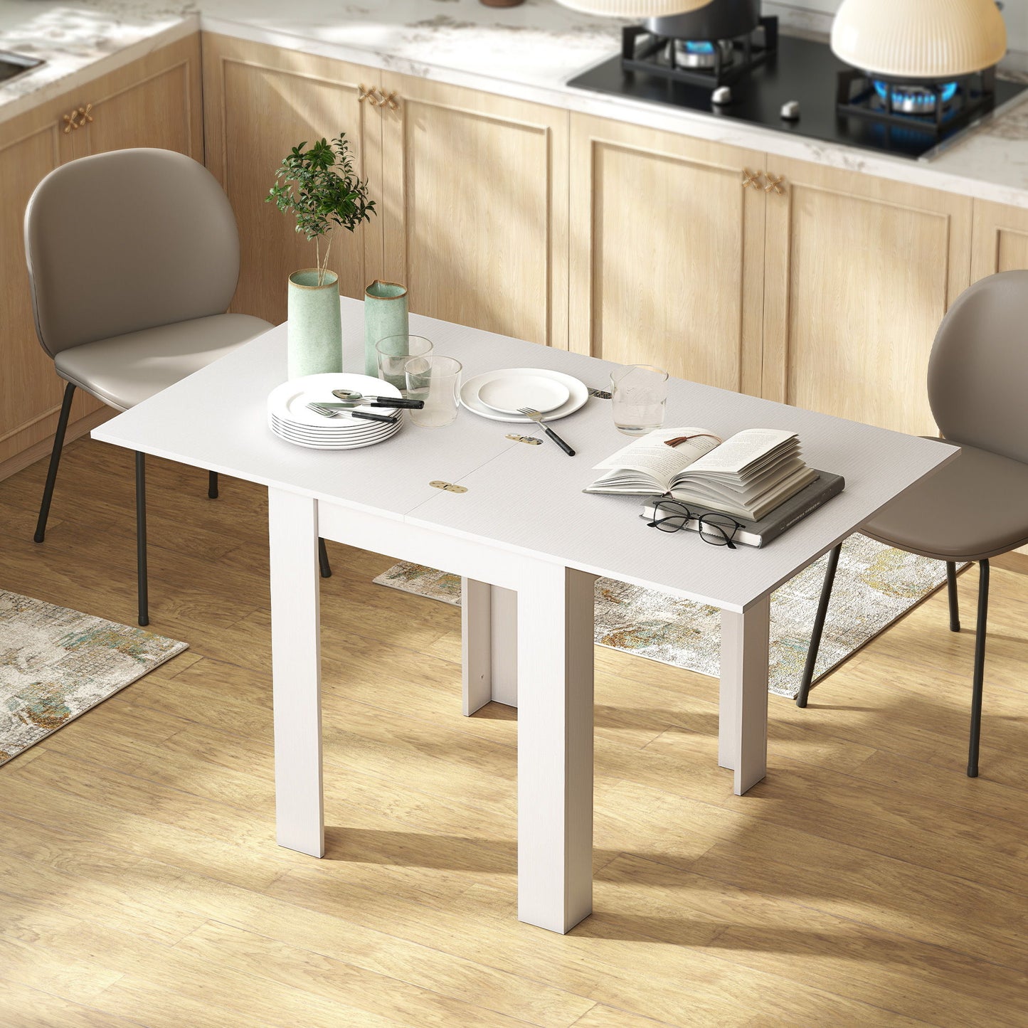 55" Extendable Dining Table for 4-6 Person, Kitchen Table with PU Handle and Felt Pads for Small Spaces, White
