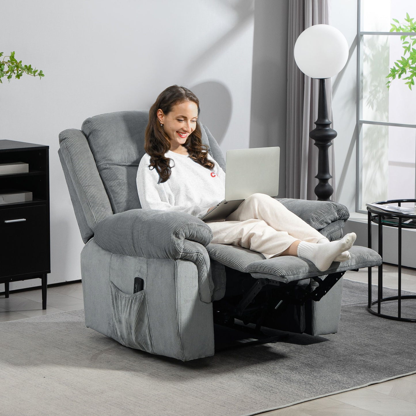 Manual Recliner Chair with Vibration Massage, Side Pockets, Corduroy Reclining Chair for Living Room, Grey