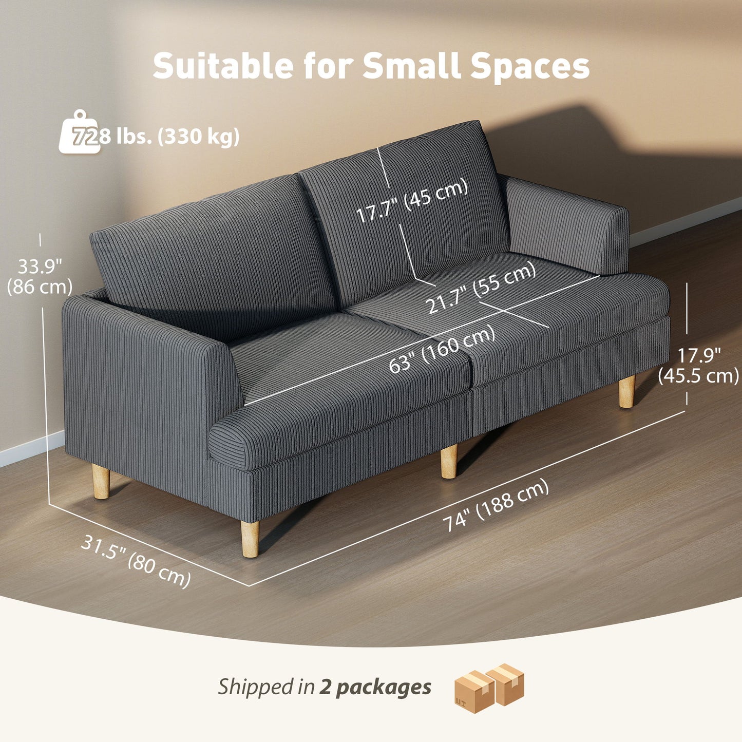 3 Seater Sofa, 74" Modern Corduroy Upholstered Couch with Thick Spring Cushions, Solid Wood Legs, Armrests, Dark Grey