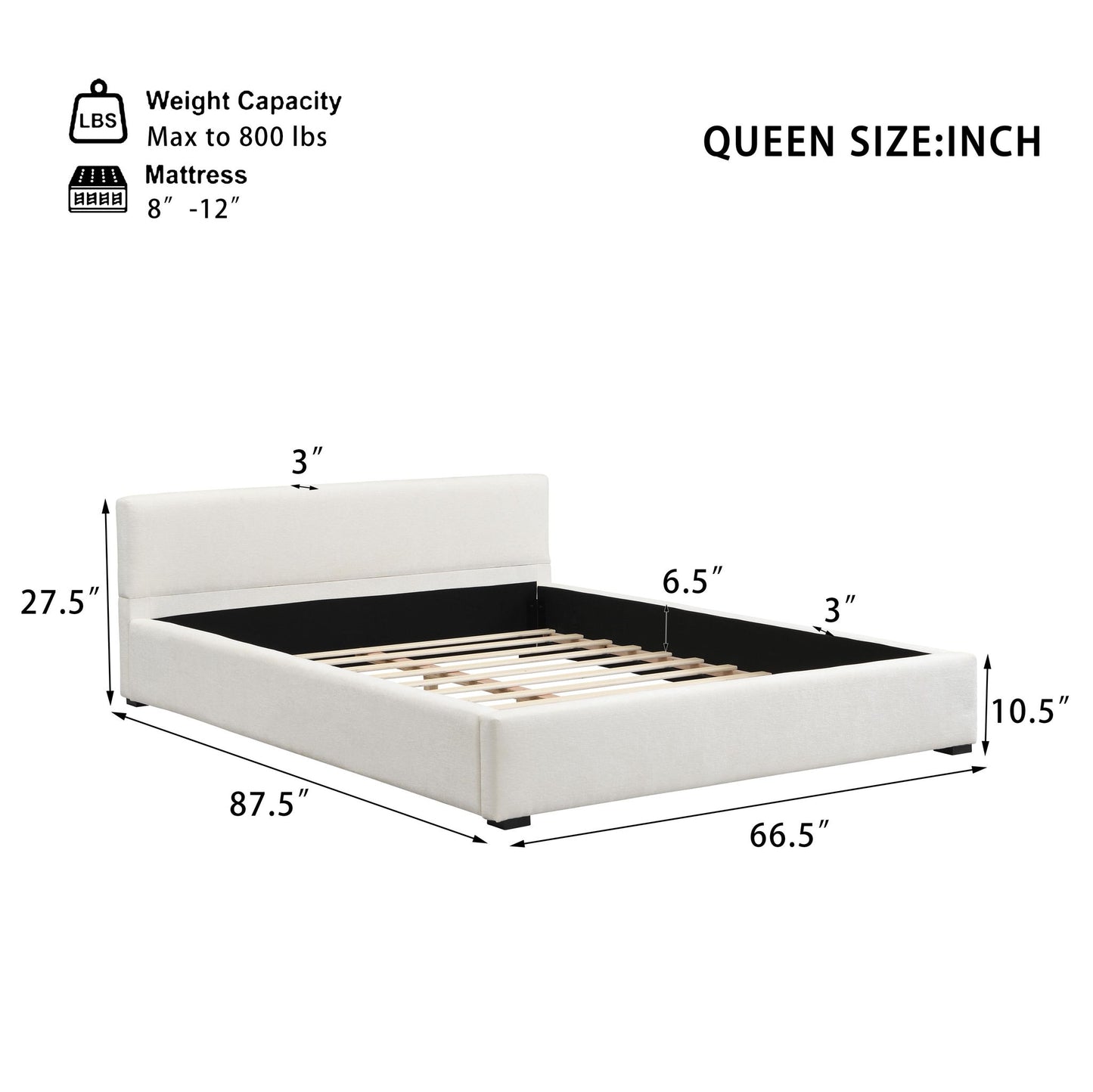 Queen Wide-Edge Bed with 12 Wooden Slats & 3 Support Legs, Solid Bed Frame with a Sturdy Stand, 87.5'' L x 66.5'' W x 27.5''H cm, Beige