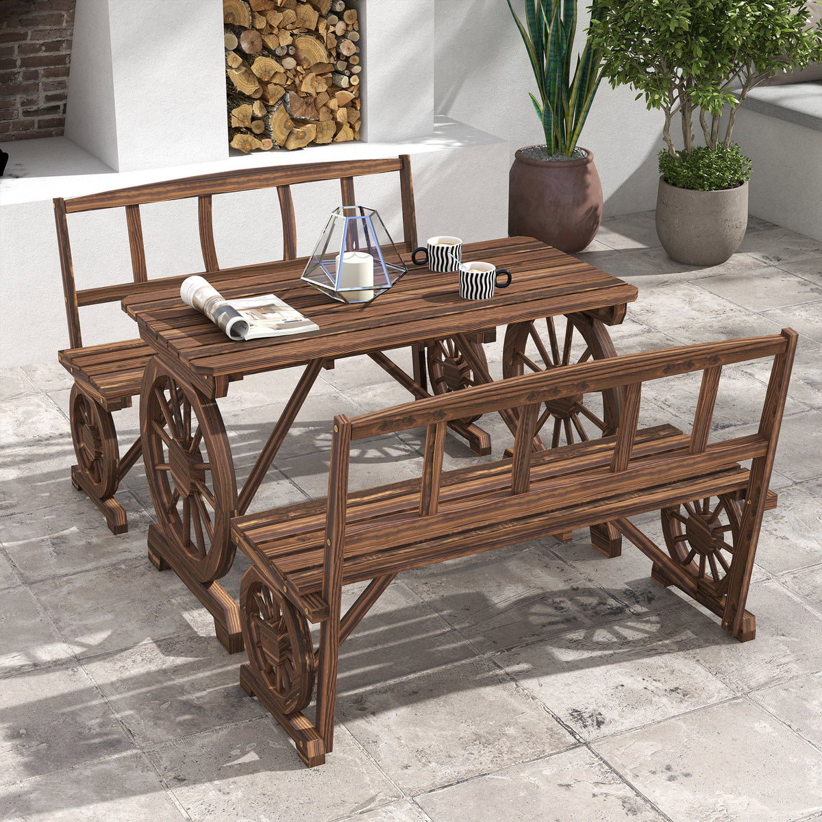 Wooden Patio Table and Chairs for 4 People 3-Piece Carriage Wheels Design for Porch, Backyard, Balcony, Carbonized