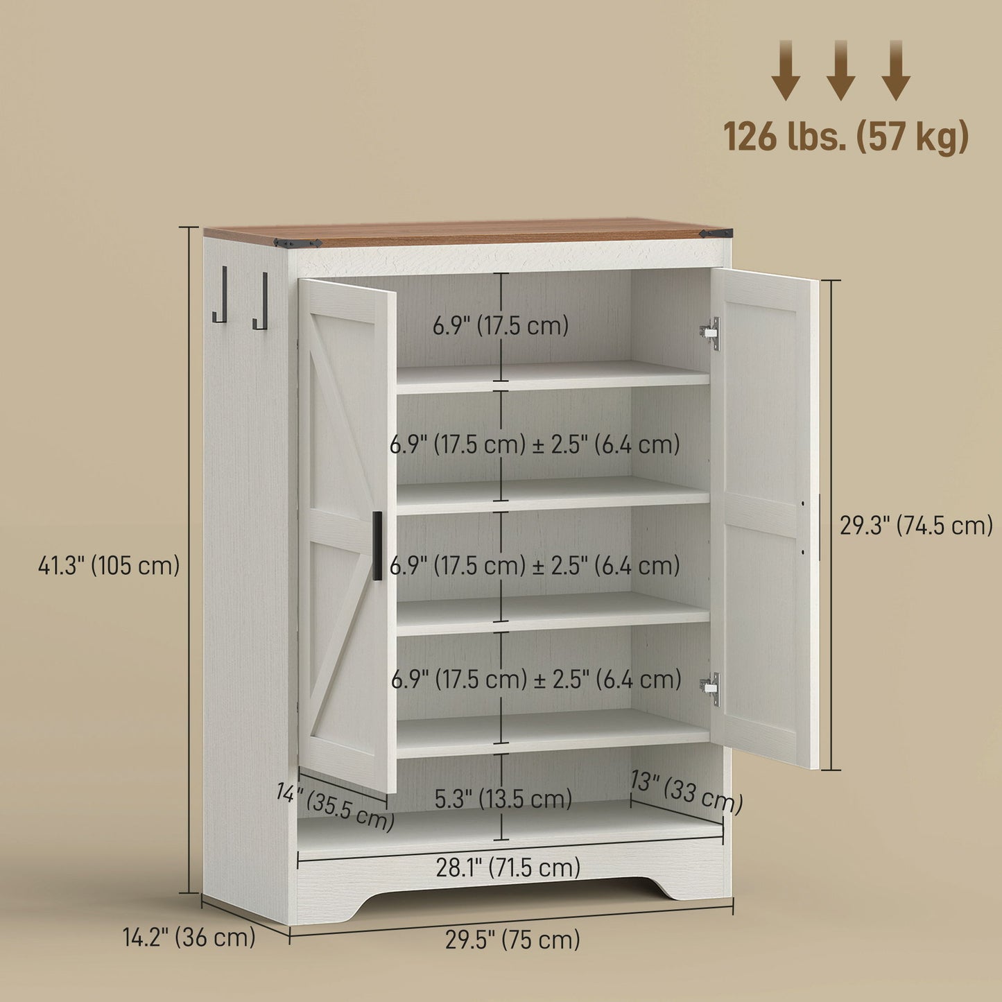 5-Tier Shoe Storage Cabinet for 15 Pairs, Freestanding Farmhouse Shoe Cabinet, White