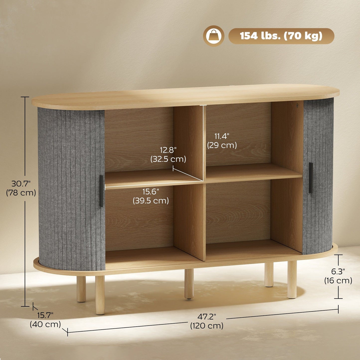47" Fluted Buffet Sideboard with Tambour Doors - Grey