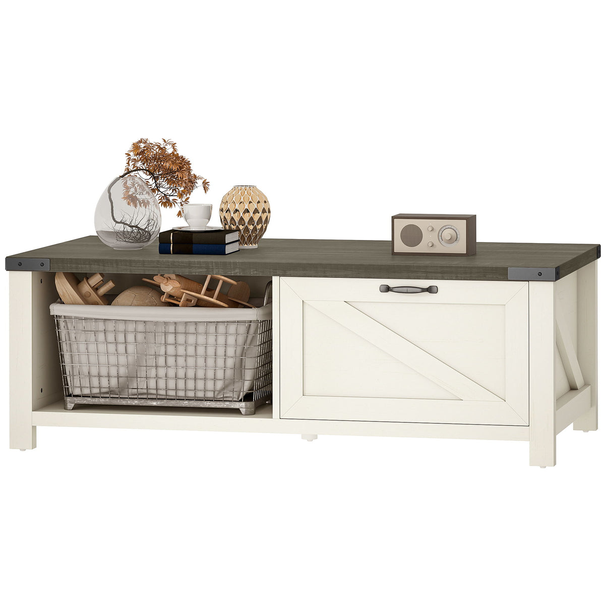 Farmhouse Coffee Table with Drawer, Open Storage Shelf for Living Room, Dining Room, Office, Distressed White