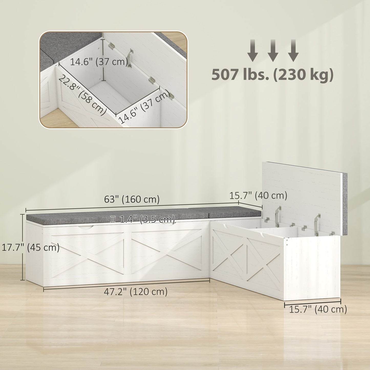 L-Shaped Cushioned Shoe Storage Bench - White