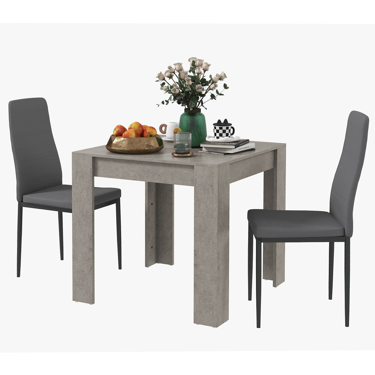 Dining Table Set for 2, Square Kitchen Table and Chairs, Dining Room Table and PU Leather Upholstered Chairs, Grey