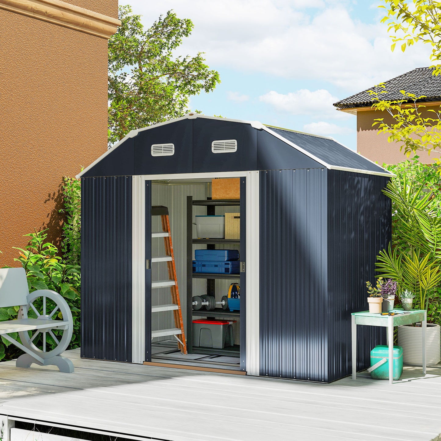 8' x 4' Galvanized Outdoor Storage Shed, Garden Shed with Adjustable Shelves, Double Sliding Doors and Vents