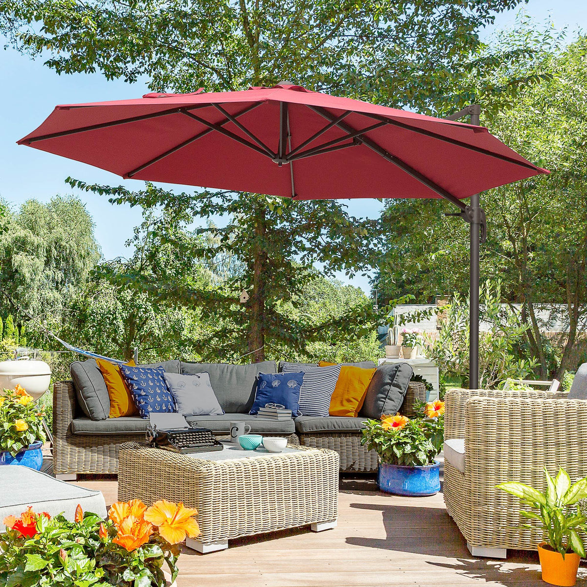 10ft Cantilever Patio Umbrella with 360° Rotation, Crank & Cross Base for Garden Deck Pool Backyard, Wine Red