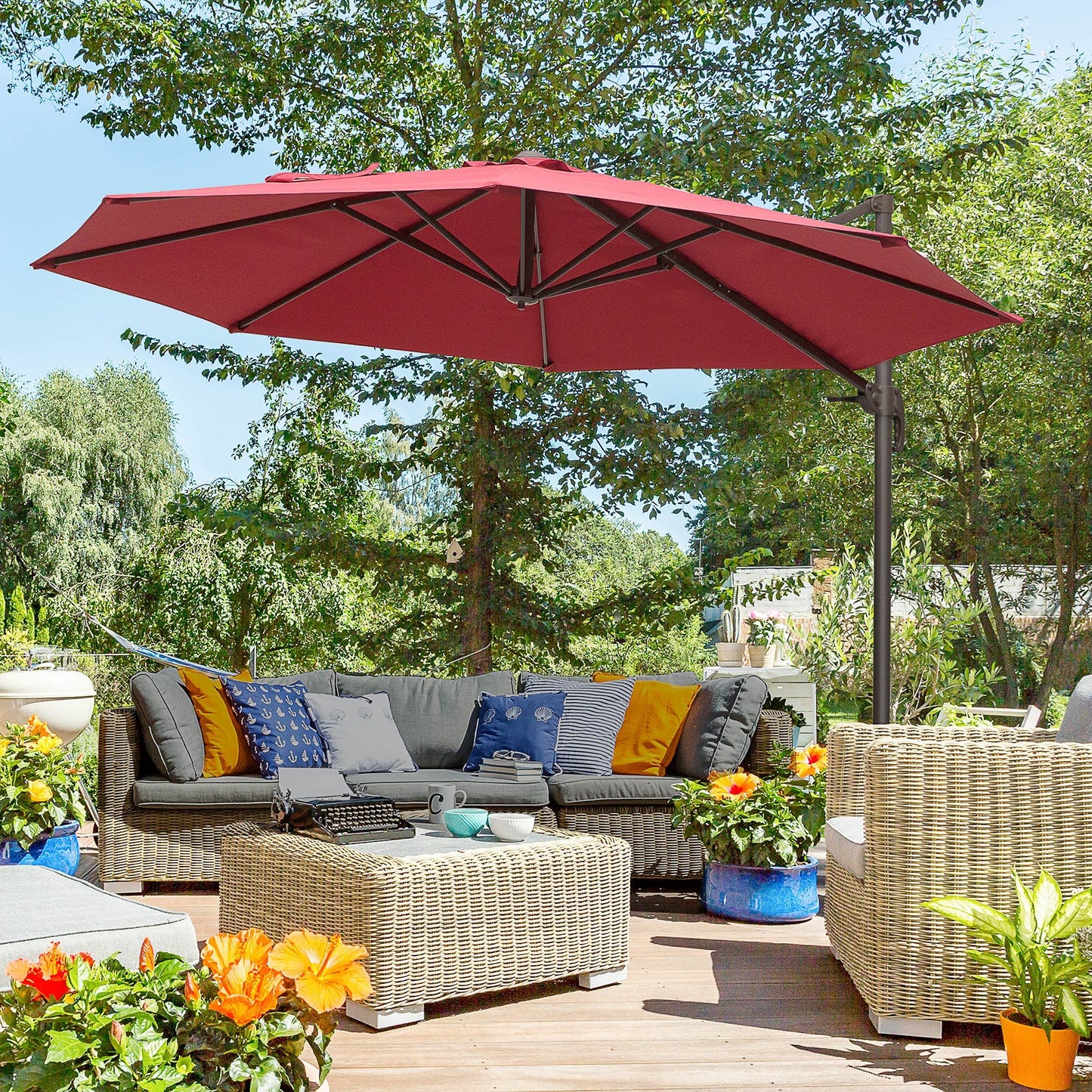 10ft Cantilever Patio Umbrella with 360° Rotation, Crank & Cross Base for Garden Deck Pool Backyard, Wine Red