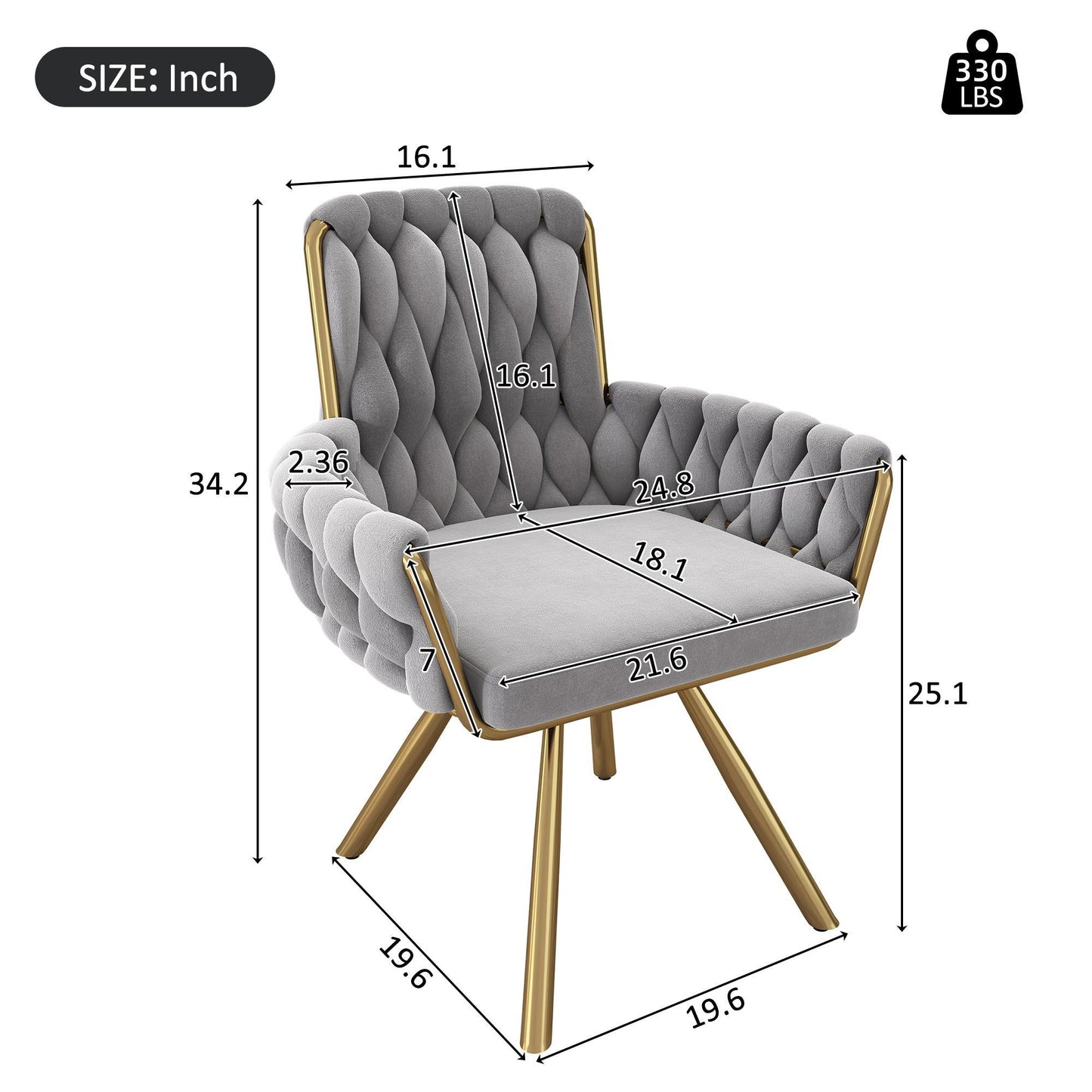 Set of 2 Velvet Dining Chairs with Upholstered Ergonomic Seats, Industrial-Chic Swivel Chairs with Metal Legs, 25'' L x 25'' W x 34'' H, Gray