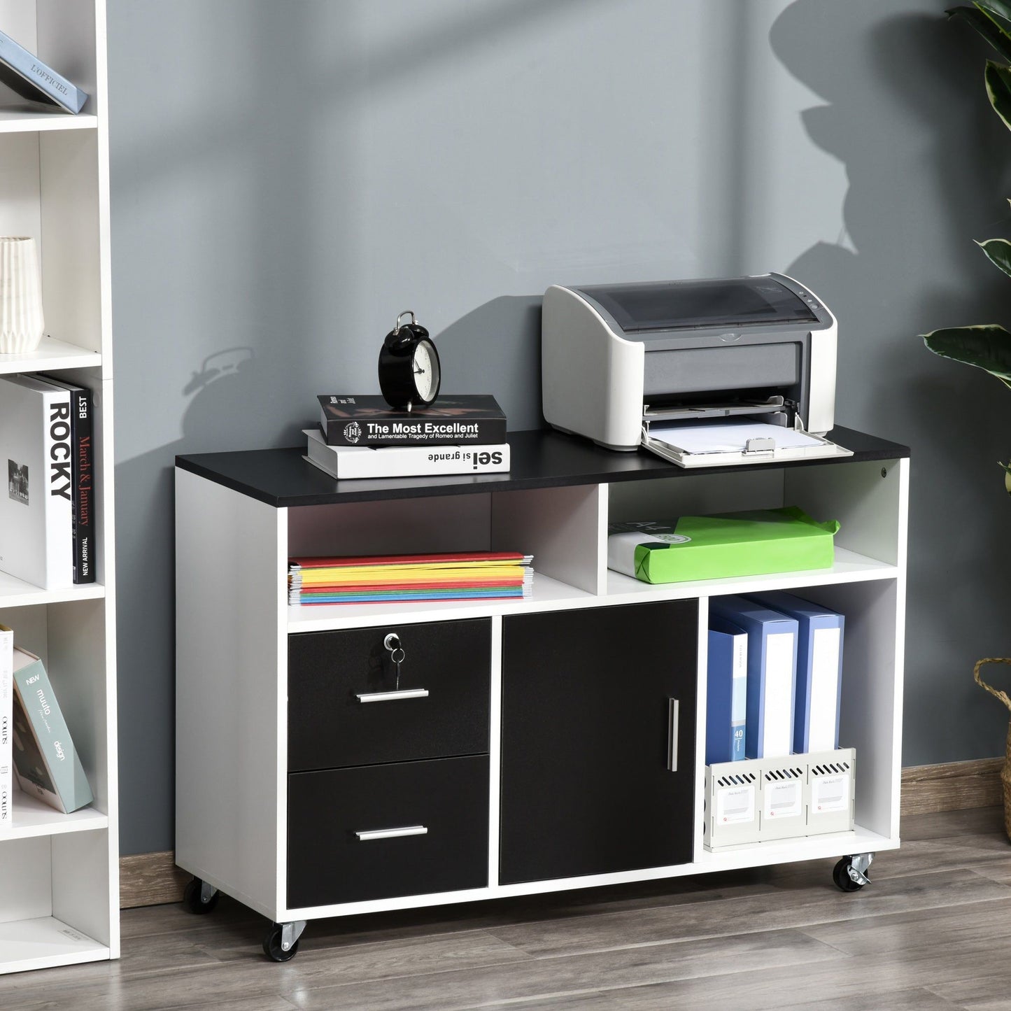 Lateral Mobile Filing Cabinet with Lock - Black