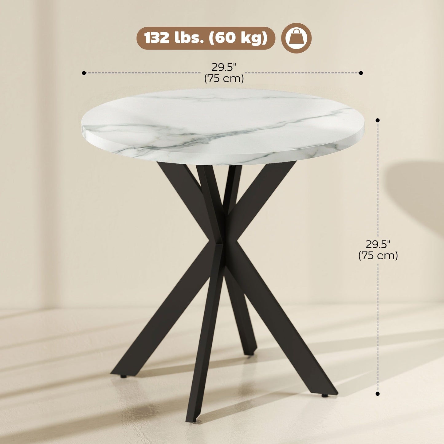 29" Round Dining Table with Steel Legs - White Marble-Effect