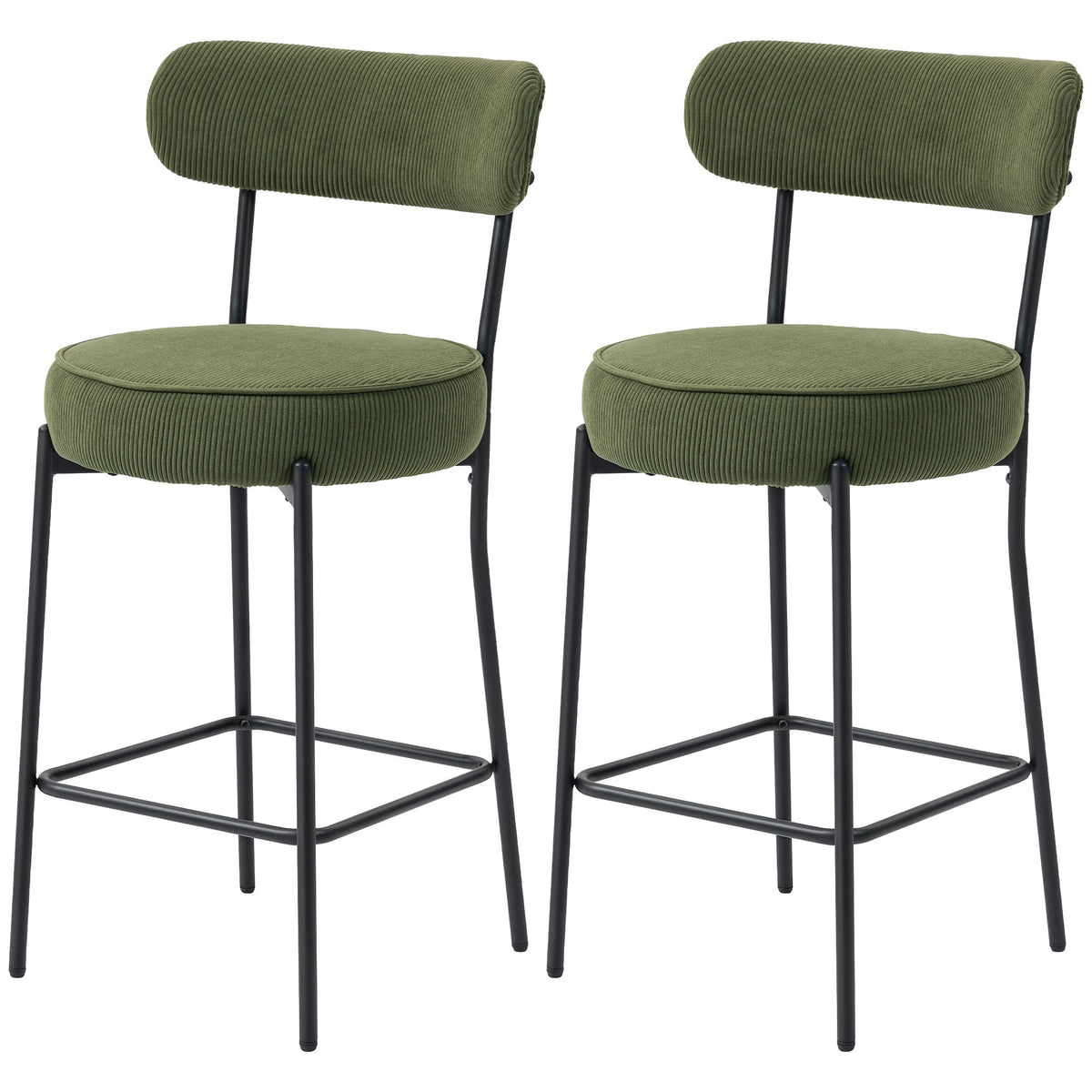 Set of 2 Barstools, Upholstered Corduroy Bar Stools with Backrest, Footrest for Kitchen Island, Dining Room, Green