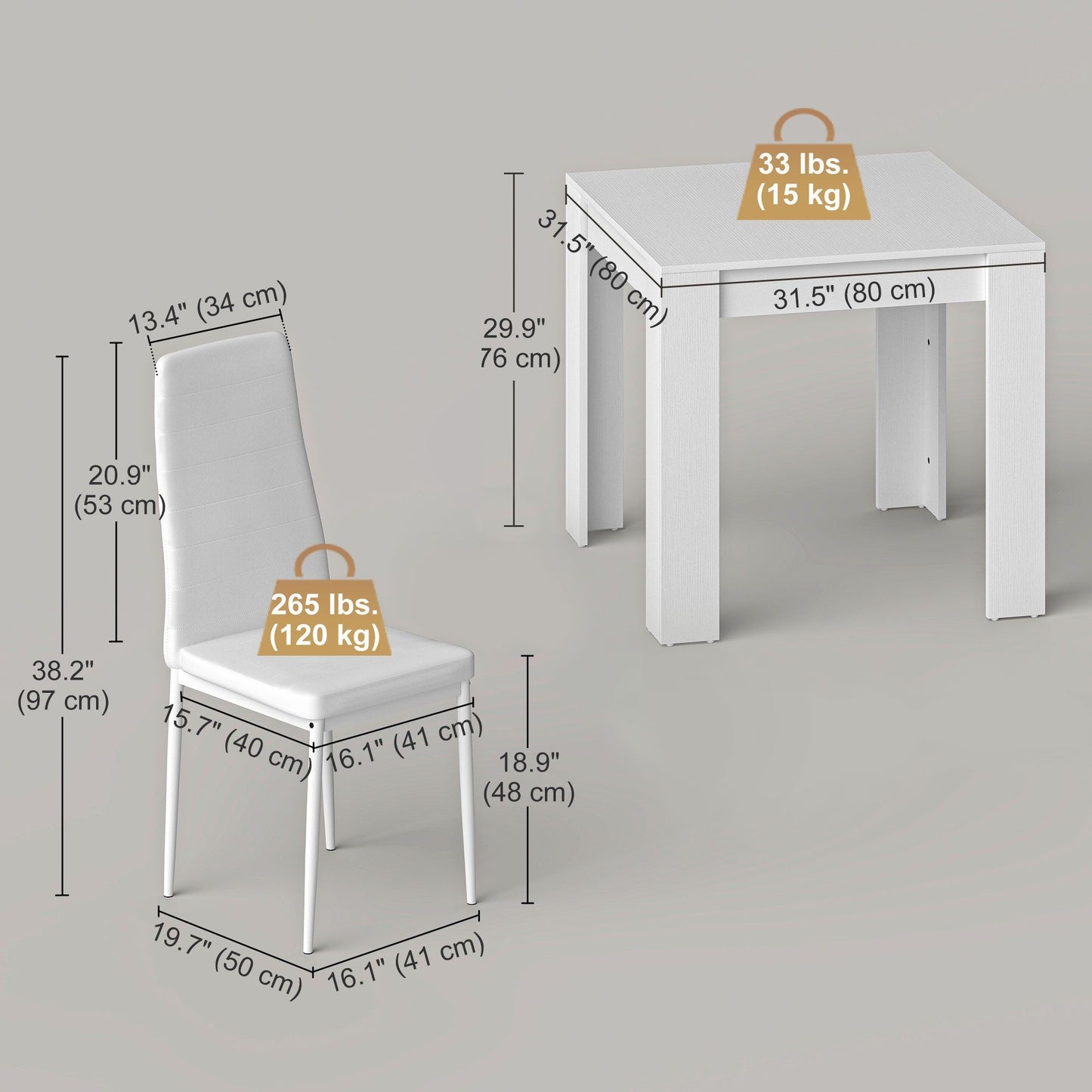 Square Dining Table Set for 2 with Leather Chairs - White