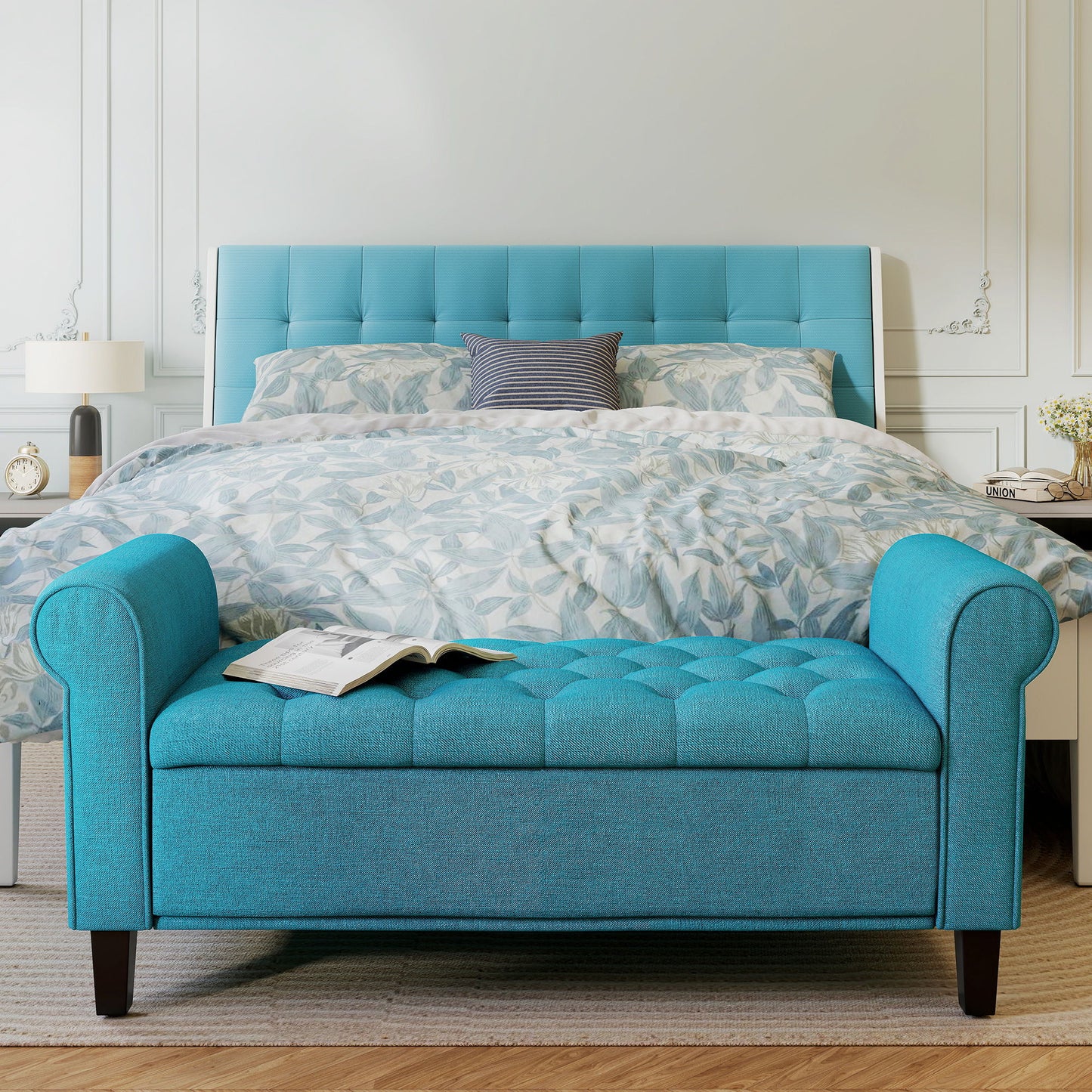 50 Inches Storage Ottoman, Upholstered Bedroom Bench with Rolled Arms and Button Tufted Storage, Teal
