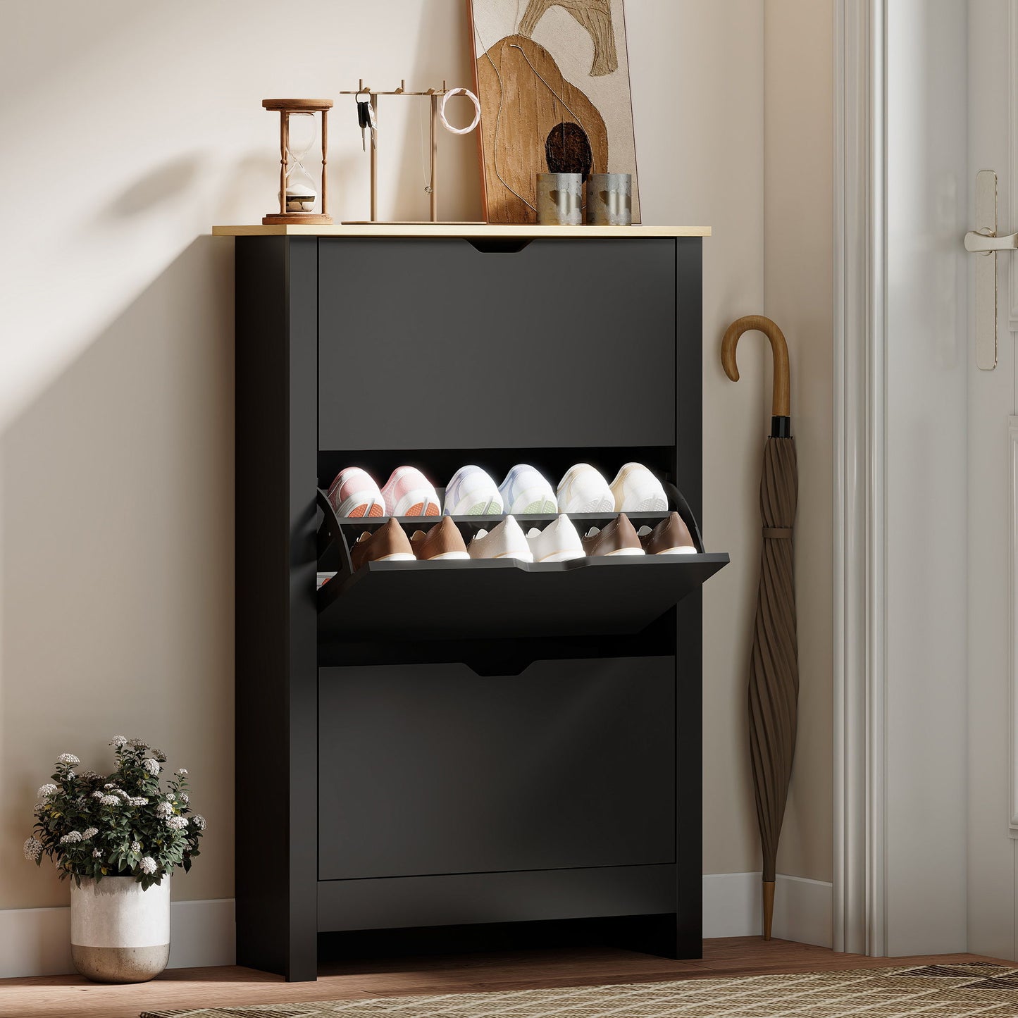 Shoe Storage Cabinet with 3 Flip Drawers and Adjustable Shelves for 12-18 Pairs of Shoes, Black