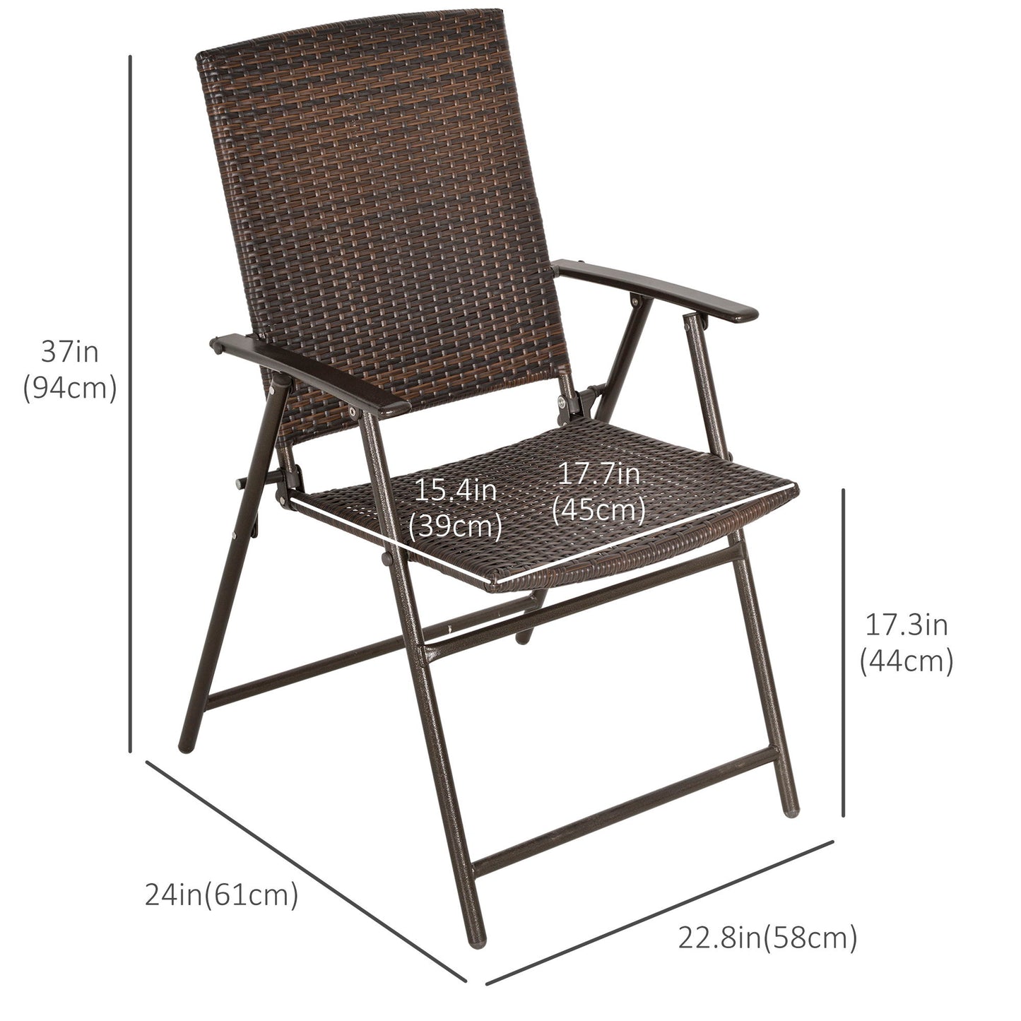 Outdoor Wicker Dining Chair Set of 2, 2 Pieces Rattan Foldable Chair with Steel Frame for Garden, Backyard, Porch, Brown