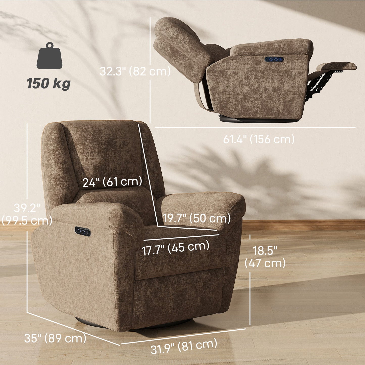 Power Recliner Chair, Fabric Upholstered Recliner Chair with USB Ports, Swivel and Rocking Function, Footrest
