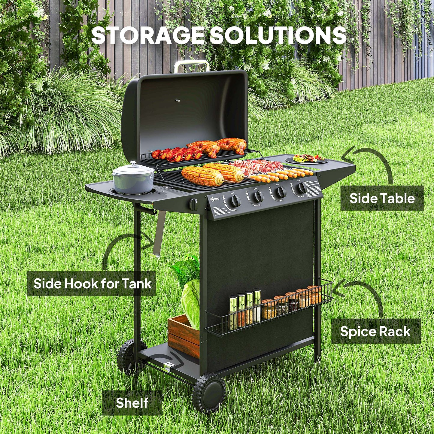 4+1 Burner Propane Gas BBQ Grill, Portable Gas Barbecue Grill with Side Burner, Thermometer, Lid, Side Table, Shelf, Spice Rack, Wheels, Grease Cup for Garden, Black