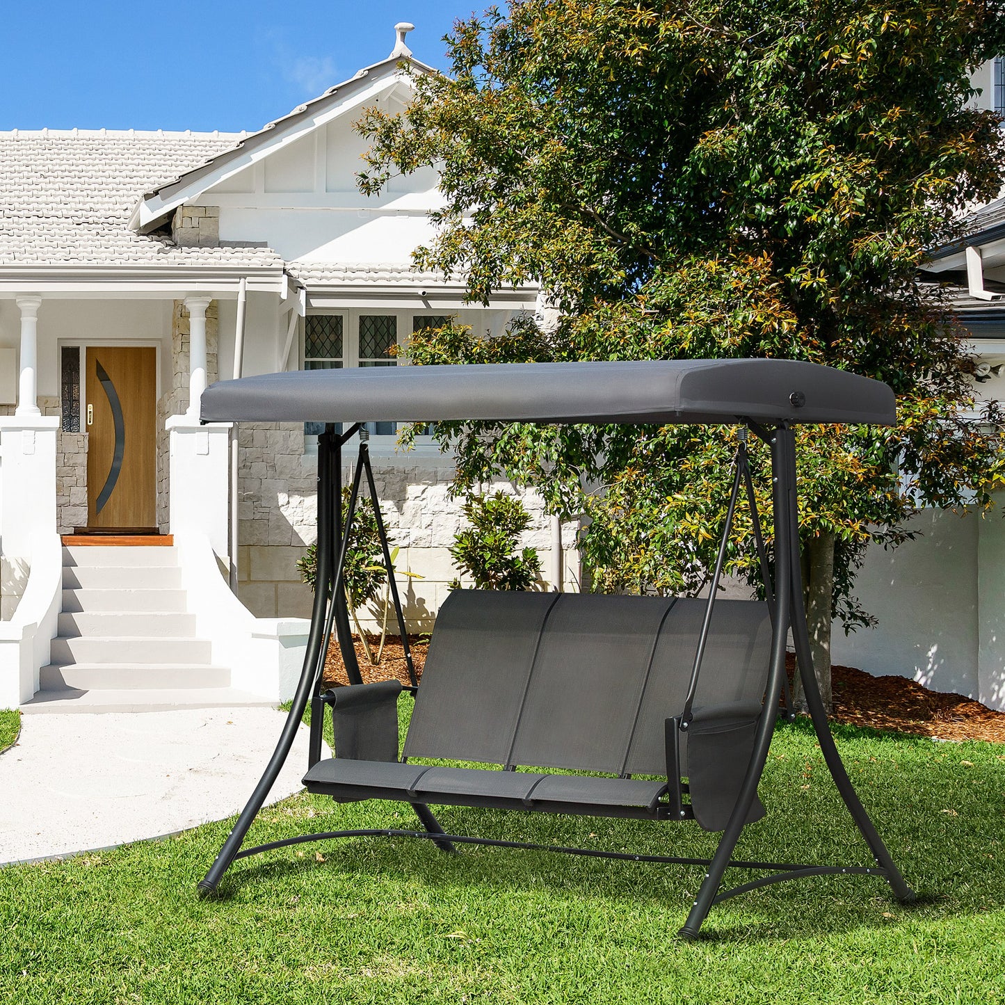 3 Person Porch Swing Outdoor Swing Chair with High Back Design, Side Pouches and Adjustable Canopy, Dark Grey