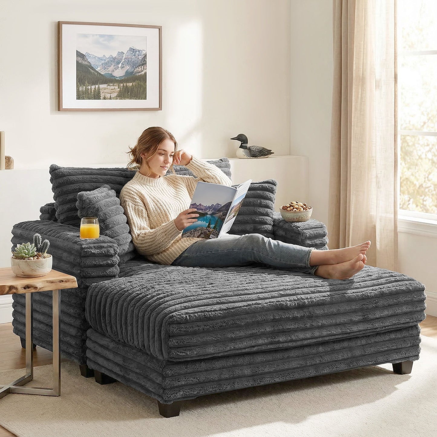 60" Chaise Lounge Chair, Oversized Upholstered Sofa Bed with Cup Holders & Pillows, Sleeper Couch for Living Room, Grey