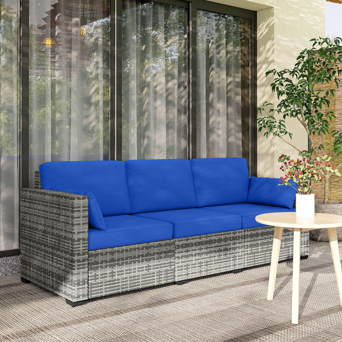 3-Seater Outdoor Sofa with Cushions, PE Rattan Conversation Patio Couch with Pillows for Garden, Poolside, Blue