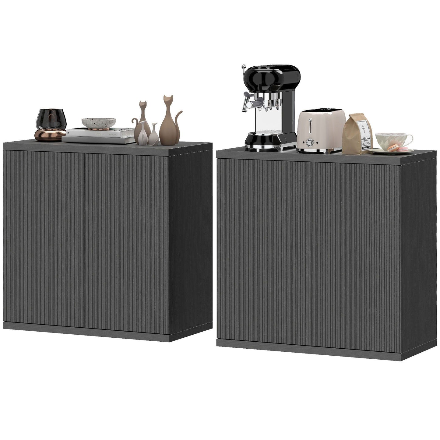 Sideboard Buffet Cabinet Set of 2 with Soft-Close Door - Distressed Black Grey