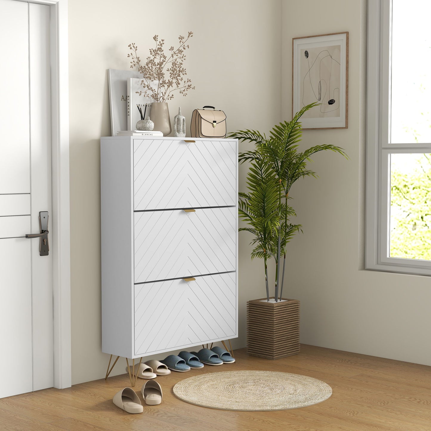 Modern Shoe Storage Cabinet with 3 Flip Drawers for 18 Pairs, Narrow Shoe Organizer for Entryway, Hallway, White