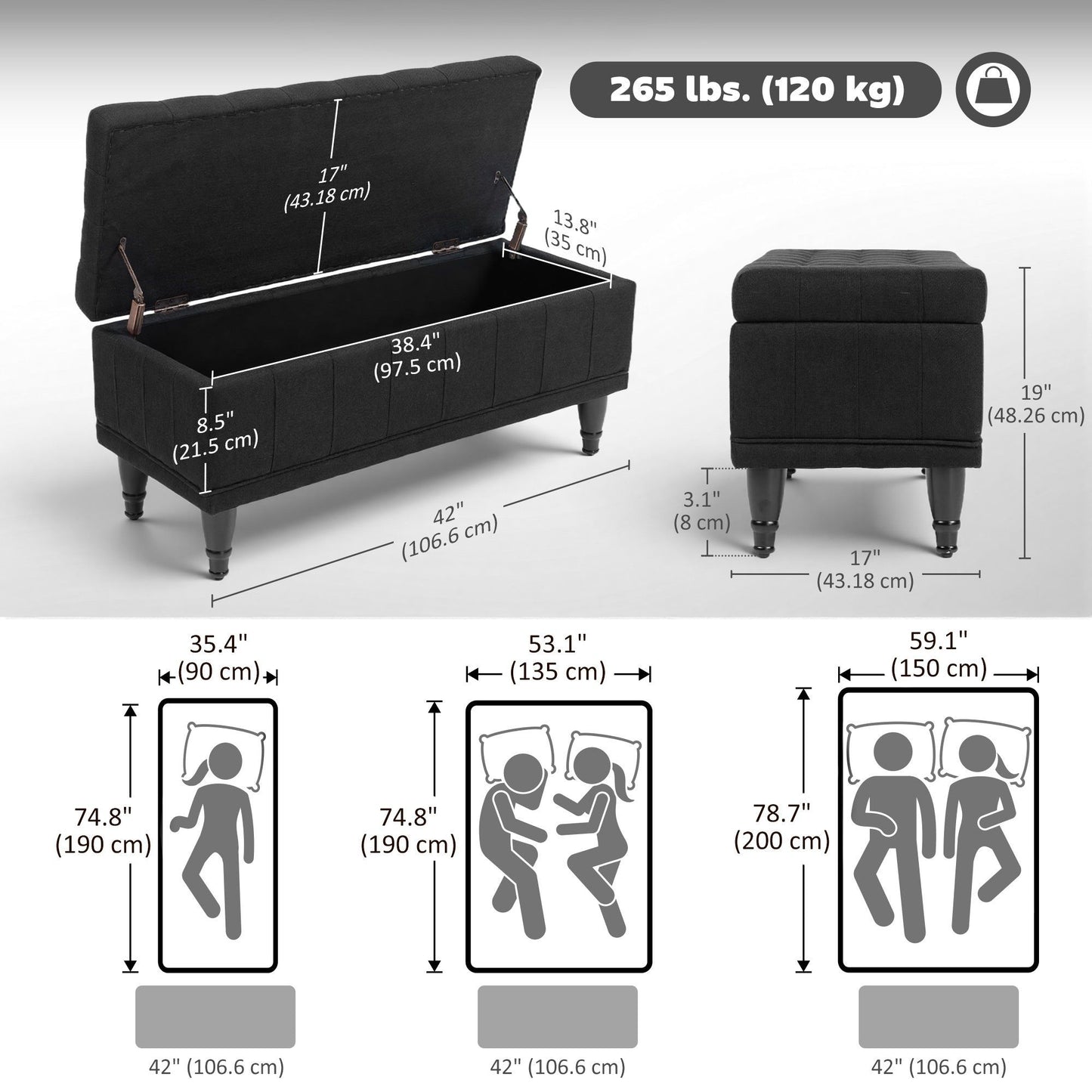 Tufted Storage Bench, Linen End of Bed - Black