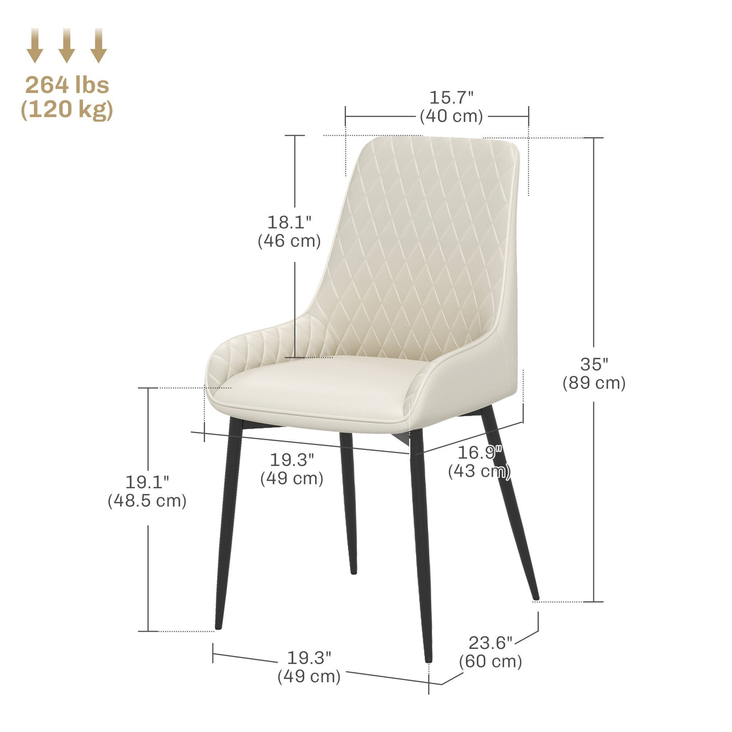 Upholstered Kitchen Chairs, Modern Dining Chairs Set of 2 with Diamond Tufting and Steel Legs for Dining Room, Cream White