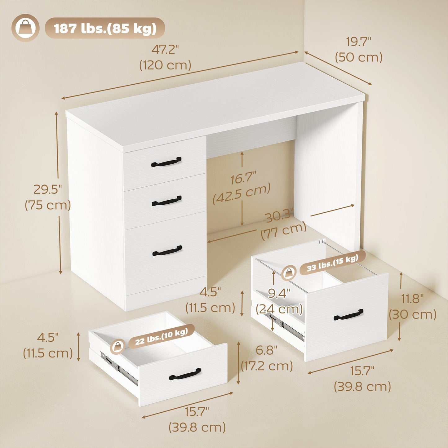 47" Computer Desk with 3 Drawers - White