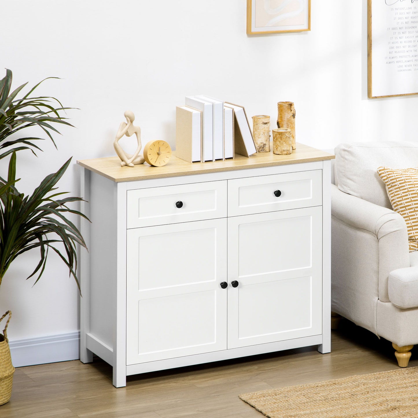 Sideboard, Modern Kitchen Storage Cabinet with Drawers and Adjustable Shelf, for Living Room and Entryway, White