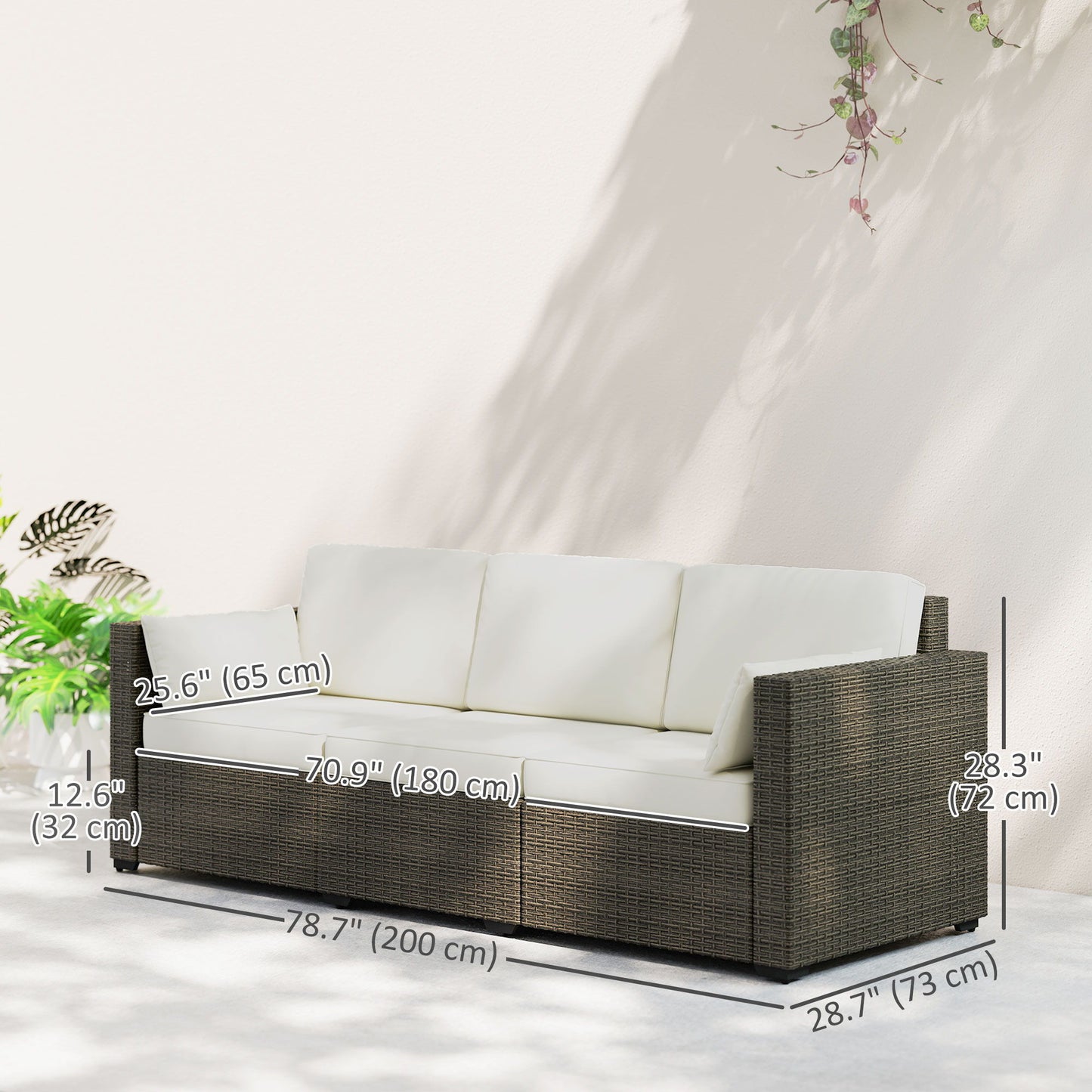 3-Seater Outdoor Sofa with Cushions, PE Rattan Conversation Patio Couch with Pillows for Garden, Poolside, Cream White
